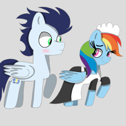 Size: 1400x1400 | Tagged: safe, artist:mrsdashskies, rainbow dash, soarin', pegasus, pony, g4, blushing, clothes, female, gray background, maid, male, mare, rainbow maid, ship:soarindash, shipping, simple background, stallion, straight