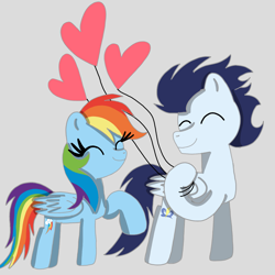 Size: 1400x1400 | Tagged: safe, artist:mrsdashskies, rainbow dash, soarin', pegasus, pony, g4, balloon, female, gray background, heart, heart balloon, male, mare, ship:soarindash, shipping, simple background, stallion, straight