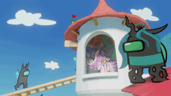 Size: 1920x1080 | Tagged: safe, artist:maso, princess cadance, queen chrysalis, alicorn, changeling, changeling queen, g4, among us, animated, cloud, dancing, roof, sky, sound, stairs, throwing, tower, webm