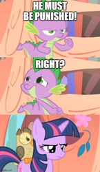 Size: 500x865 | Tagged: safe, edit, edited screencap, screencap, owlowiscious, spike, twilight sparkle, dragon, unicorn, g4, owl's well that ends well, caption, comic, golden oaks library, image macro, imgflip, screencap comic, text, unicorn twilight