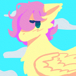 Size: 4000x4000 | Tagged: safe, artist:clandestine, fluttershy, pegasus, pony, g4, absurd resolution, blue eyes, blushing, cloud, colored pinnae, female, folded wings, pink hair, short hair, simple background, sky, solo, wings