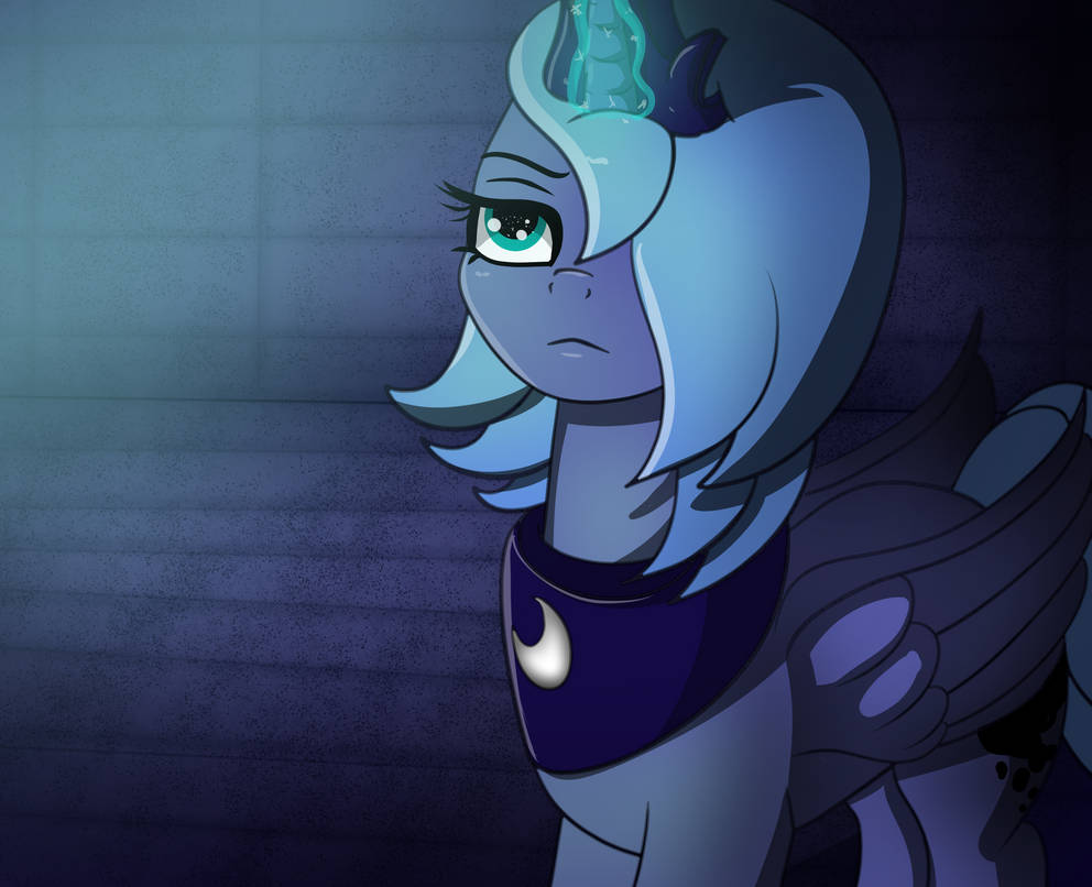 [alicorn,dungeon,fanfic,fanfic art,g4,glowing,glowing horn,horn,pony,princess luna,safe,solo,s1 luna,hair over one eye,young luna,artist:undisputed]