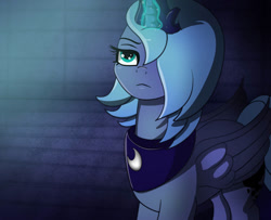 Size: 992x806 | Tagged: safe, artist:undisputed, princess luna, alicorn, pony, fanfic:golden reign, g4, dungeon, fanfic, fanfic art, glowing, glowing horn, hair over one eye, horn, s1 luna, solo, young luna