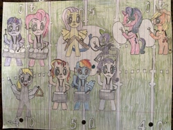Size: 4032x3024 | Tagged: safe, artist:mvandybrony2k12, applejack, derpy hooves, fluttershy, pinkie pie, rainbow dash, rarity, spike, starlight glimmer, sunset shimmer, twilight sparkle, alicorn, dragon, earth pony, pegasus, pony, unicorn, g4, bipedal, drumming, drums, female, football field, hoof hold, indianapolis colts, lined paper, magnetic hooves, male, mane seven, mane six, marching band, mare, musical instrument, traditional art, triangle, twilight sparkle (alicorn)