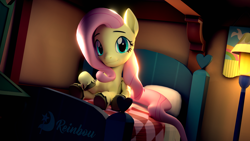 Size: 2560x1440 | Tagged: safe, artist:reinbou, fluttershy, pegasus, pony, g4, 3d, bed, blender, blender cycles, female, fluttershy's cottage, looking at you, mare, solo
