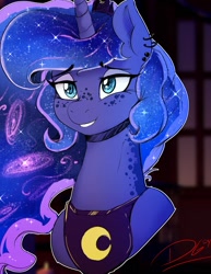 Size: 1200x1551 | Tagged: safe, artist:thelunarmoon, princess luna, alicorn, pony, g4, bust, ear piercing, earring, ethereal mane, female, freckles, galaxy mane, grin, jewelry, lidded eyes, mare, piercing, smiling, solo, starry mane