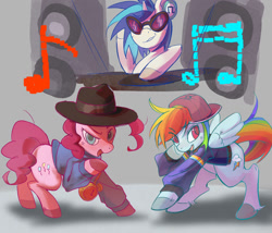 Size: 1264x1080 | Tagged: safe, artist:gamagama6, dj pon-3, pinkie pie, rainbow dash, vinyl scratch, earth pony, pegasus, pony, unicorn, g4, alarm clock, backwards ballcap, baseball cap, cap, clock, clothes, dancing, eye clipping through hair, fedora, female, fetlock tuft, hat, headphones, hoodie, jacket, jewelry, looking at you, mare, music notes, necklace, open mouth, open smile, raised hoof, rap, rapper dash, rapper pie, smiling, sunglasses, trio, trio female, turntable