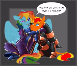Size: 2048x1773 | Tagged: safe, artist:parrpitched, rainbow dash, oc, oc:fireheart(fire), oc:rainbow dash(prisoners of the moon), bat pony, pegasus, pony, g4, bat pony oc, canon x oc, clothes, costume, duo, female, fireheart76's latex suit design, gloves, latex, latex boots, latex gloves, latex suit, male, pegasus oc, prisoners of the moon, redesign, rubber, rubber boots, rubber suit, shadowbolt dash, shadowbolts, shadowbolts costume, shadowbolts uniform, updated design