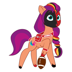 Size: 1024x1024 | Tagged: safe, artist:macdaddyzak, artist:tokkii, edit, editor:miss connie, sunny starscout, earth pony, pony, g5, my little pony: a new generation, my little pony: make your mark, my little pony: tell your tale, :o, american football, arrow head, bag, blue eyes, clothes, dyed mane, face paint, female, hair tie, hoof markings, hoofband, kansas city chiefs, mane stripe sunny, nfl, nfl playoffs, open mouth, orange coat, png, saddle bag, simple background, solo, sports, super bowl, super bowl lviii, transparent background, vector