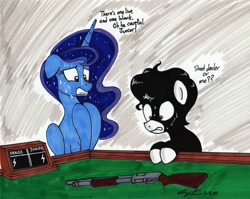 Size: 2609x2076 | Tagged: safe, artist:newyorkx3, princess luna, oc, oc:tommy junior, alicorn, pony, g4, bipedal, bipedal leaning, buckshot roulette, colt, duo, female, foal, gritted teeth, gun, leaning, male, mare, nervous sweat, shotgun, shrunken pupils, sweat, sweatdrops, teeth, traditional art, weapon