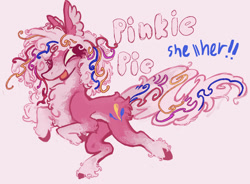 Size: 1550x1142 | Tagged: safe, artist:polluted-bat, pinkie pie, earth pony, pony, g4, alternate design, chest fluff, coat markings, colored hooves, curly mane, curly tail, ear fluff, female, hair accessory, looking back, mare, pale belly, pink background, raised hoof, redesign, simple background, smiling, socks (coat markings), solo, standing, standing on one leg, tail, unshorn fetlocks