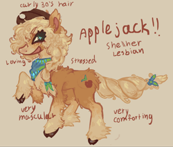 Size: 1470x1255 | Tagged: safe, artist:polluted-bat, applejack, earth pony, pony, g4, alternate design, bow, chest fluff, coat markings, colored hooves, ear fluff, female, headcanon, mare, orange background, raised hoof, redesign, sexuality headcanon, simple background, socks (coat markings), standing, tail, tail bow, unshorn fetlocks