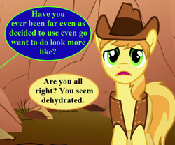 Size: 864x720 | Tagged: safe, edit, edited screencap, editor:korora, screencap, braeburn, earth pony, pony, g4, my little pony: friendship is magic, over a barrel, clothes, cowboy hat, cropped, has anyone really been far even as decided to use even go want to do look more like?, hat, implied oc, male, meme, offscreen character, open mouth, stallion, vest, word salad