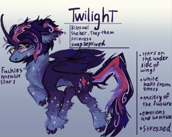 Size: 1590x1265 | Tagged: safe, artist:polluted-bat, twilight sparkle, alicorn, pony, g4, alternate design, chest fluff, coat markings, colored hooves, curved horn, ear fluff, ear piercing, earring, gender headcanon, glasses, gradient background, headcanon, horn, jewelry, open mouth, pale belly, piercing, redesign, sexuality headcanon, socks (coat markings), solo, sparkles, twilight sparkle (alicorn), unshorn fetlocks