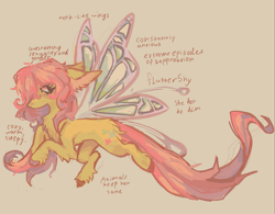 Size: 1585x1235 | Tagged: safe, artist:polluted-bat, fluttershy, bug pony, insect, pegasus, pony, g4, alternate design, chest fluff, colored hooves, ear fluff, flying, gender headcanon, headcanon, long tail, messy mane, messy tail, redesign, sexuality headcanon, solo, tail, unshorn fetlocks