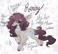 Size: 1340x1247 | Tagged: safe, artist:polluted-bat, rarity, unicorn, g4, alternate design, chest fluff, colored hooves, curved horn, ear fluff, ear piercing, eyelashes, eyeshadow, gender headcanon, headcanon, horn, horn jewelry, jewelry, makeup, necklace, open mouth, piercing, raised hoof, redesign, sexuality headcanon, smiling, solo, standing, unshorn fetlocks