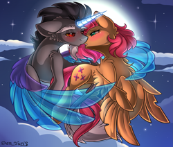 Size: 2451x2080 | Tagged: safe, artist:yuris, discord, fluttershy, alicorn, pegasus, pony, g4, blushing, duo, duo male and female, ears back, ears up, female, flying, full moon, holiday, imminent kissing, magic, male, mare, moon, multi ych "flight of valentine", night, ponified, pony discord, ship:discoshy, shipping, sky, stallion, straight, valentine's day