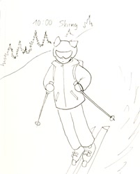 Size: 837x1041 | Tagged: safe, artist:katputze, oc, oc only, oc:crimson sunset, unicorn, anthro, plantigrade anthro, clothes, female, grayscale, helmet, jacket, mare, monochrome, simple background, sketch, skiing, skis, solo, text, white background