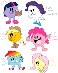Size: 612x771 | Tagged: safe, artist:crazynutbob, applejack, fluttershy, pinkie pie, rainbow dash, rarity, twilight sparkle, g4, applejack's hat, beautiful, book, boots, clothes, colored, cowboy boots, cowboy hat, element of generosity, element of honesty, element of kindness, element of laughter, element of loyalty, element of magic, elements of harmony, excited, eyeshadow, female, flat colors, freckles, grin, happy, hat, high heels, little miss, little miss-ified, makeup, mane six, mr. men, mr. men little miss, mr. men-ified, open mouth, open smile, reading, shoes, simple background, smiling, sneakers, the mr. men show, white background