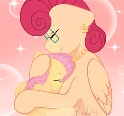 Size: 1760x1650 | Tagged: safe, artist:flutterbug18, fluttershy, posey shy, pegasus, pony, g4, abstract background, cute, daaaaaaaaaaaw, duo, eyes closed, female, filly, filly fluttershy, hug, mare, mother and child, mother and daughter, posey shyabetes, shyabetes, smiling, sparkles, younger