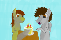 Size: 1096x730 | Tagged: safe, artist:kokopingas98, oc, oc only, oc:anthon, pegasus, birthday, birthday cake, cake, candle, food, pegasus oc, shading, simple background, table