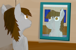 Size: 1312x868 | Tagged: safe, artist:kokopingas98, oc, oc only, oc:anthon, pegasus, pony, expressionless, expressionless face, floor, indoors, interior, looking at self, looking at something, mirror, night, night sky, object, pegasus oc, ponysona, reflection, room, sky, stare, window, wood