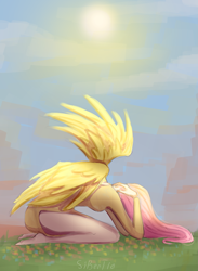 Size: 1701x2321 | Tagged: safe, artist:vestia-s201, fluttershy, human, g4, barefoot, feet, female, hands on head, head down, humanized, kneeling, outdoors, solo, sun, winged humanization, wings