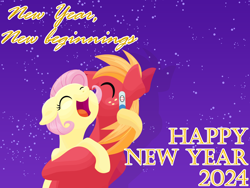 Size: 2880x2160 | Tagged: safe, anonymous artist, big macintosh, fluttershy, earth pony, pegasus, pony, series:fm holidays, g4, alternate hairstyle, eyes closed, female, floppy ears, happy new year, happy new year 2024, high res, holiday, hoof hold, hug, lineless, male, mare, new year, open mouth, open smile, pregnancy test, ship:fluttermac, shipping, short mane, smiling, stallion, straight, text