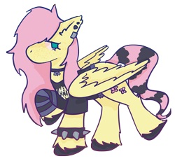 Size: 7240x6648 | Tagged: safe, artist:clandestine, derpibooru exclusive, fluttershy, pegasus, pony, g4, absurd resolution, arm warmers, choker, clandestine industries, clothes, colored hooves, coontails, dyed mane, ear piercing, earring, emo, female, freckles, freckleshy, hoof polish, jewelry, looking back, my chemical romance, no mouth, piercing, raised hoof, simple background, solo, spiked belt, spiked wristband, standing, tail, transparent background, unshorn fetlocks, wings, wristband