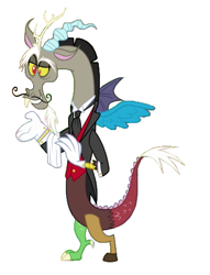 Size: 431x565 | Tagged: safe, edit, edited screencap, screencap, discord, draconequus, g4, background removed, butler, button-up shirt, clothes, cravat, dress shirt, facial hair, gloves, male, moustache, shirt, simple background, solo, tailcoat, tuxedo, vest, waistcoat, white background
