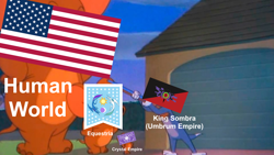 Size: 1280x720 | Tagged: safe, idw, king sombra, cat, elephant, mouse, umbrum, equestria at war mod, g4, the cutie re-mark, alternate timeline, american flag, banner, comic, crystal empire, crystal war timeline, equestria, flag, gun, human world, meme, satire, shotgun, sombraverse, this will end in death, this will not end well, tom and jerry, united states, weapon