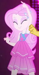 Size: 194x373 | Tagged: safe, anonymous artist, anonymous editor, edit, edited screencap, screencap, discord, fluttershy, draconequus, human, equestria girls, g4, armpit tickling, armpits, arms in the air, clothes, dress, legs, personal space invasion, skirt, sleeveless, sleeveless dress, smiling, tickling