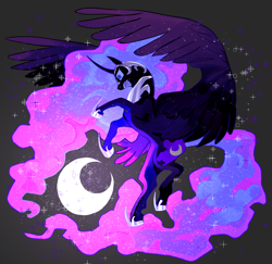 Size: 1280x1244 | Tagged: safe, artist:purrmaows, nightmare moon, alicorn, pony, g4, armor, crescent moon, curved horn, ethereal mane, ethereal tail, eyes open, fangs, female, flying, gray background, helmet, hoof shoes, horn, large wings, mare, moon, open mouth, peytral, sharp teeth, simple background, slit pupils, solo, sparkles, sparkly mane, sparkly tail, spread wings, tail, teeth, wings