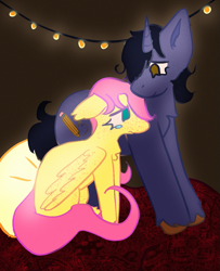 Size: 1151x1417 | Tagged: safe, artist:clandestine, fluttershy, pegasus, pony, unicorn, g4, acne, blanket, colored pinnae, comforting, crying, duo, ears back, ears up, eyeliner, fairy lights, female, filly, filly fluttershy, foal, folded wings, forehead kiss, freckles, freckleshy, frown, gerard way, kissing, long tail, looking down, makeup, my chemical romance, pillow, pillow fort, ponified, sad, sitting, standing, tail, teary eyes, unshorn fetlocks, wings, younger