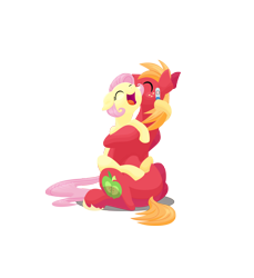 Size: 2160x2360 | Tagged: safe, anonymous artist, big macintosh, fluttershy, earth pony, pegasus, pony, series:fm holidays, g4, alternate hairstyle, eyes closed, female, floppy ears, high res, holding a pony, hoof hold, hug, leg lock, lineless, male, mare, open mouth, open smile, pregnancy test, ship:fluttermac, shipping, short mane, simple background, smiling, stallion, straight, transparent background