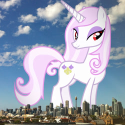 Size: 1016x1016 | Tagged: safe, artist:90sigma, edit, editor:jaredking779, fleur-de-lis, pony, unicorn, g4, attack on pony, australia, eyeshadow, female, giant pony, giantess, highrise ponies, irl, lidded eyes, macro, makeup, mare, photo, ponies in real life, red eyes, solo, standing, story included, sydney, tall