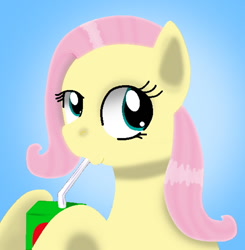 Size: 806x821 | Tagged: safe, fluttershy, pegasus, pony, g4, blue background, cute, female, flutterjuice, juice, juice box, looking up, mare, simple background, solo