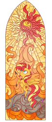 Size: 1000x2316 | Tagged: safe, artist:couratiel, sunset shimmer, alicorn, pony, g4, alicornified, fiery shimmer, fire, race swap, shimmercorn, simple background, solo, stained glass, sun, sunshine shimmer, transparent background