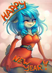 Size: 3508x4961 | Tagged: safe, artist:chaosangeldesu, oc, oc only, deer, anthro, belt, blushing, clothes, deer oc, dress, female, gloves, horns, looking at you, non-pony oc, smiling, smiling at you, solo