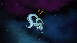 Size: 4043x2274 | Tagged: safe, alternate version, artist:thefloatingtree, lyra heartstrings, pony, unicorn, fanfic:background pony, g4, 16:9, clothes, dig the swell hoodie, hoodie, lyre, musical instrument, solo, space, stars, wallpaper