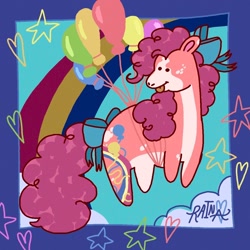 Size: 1200x1200 | Tagged: safe, artist:rainaintheclouds, pinkie pie, earth pony, pony, g4, :p, alternate design, balloon, bow, coat markings, female, freckles, hair bow, mare, pale belly, pansexual pride flag, pride, pride flag, rainbow, solo, stars, tail, tail bow, tongue out