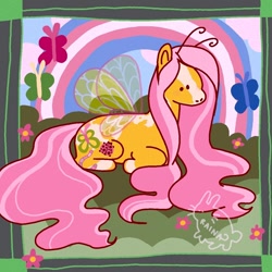 Size: 1200x1200 | Tagged: safe, artist:rainaintheclouds, fluttershy, bug pony, butterfly, insect, pegasus, pony, g4, antennae, coat markings, facial markings, female, flower, lying down, mare, no mouth, pride, pride flag, solo, splotches, stripe (coat marking), trans fluttershy, transgender, transgender pride flag