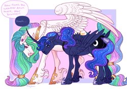 Size: 1600x1200 | Tagged: safe, artist:snowberry, princess celestia, princess luna, alicorn, pony, g4, abstract background, annoyed, brothers, cross-popping veins, curved horn, dialogue, duo, duo male, ear fluff, ear piercing, ear tufts, earring, ears back, emanata, ethereal mane, ethereal tail, eyeshadow, feminine stallion, floppy ears, folded wings, grumpy, height difference, hoof shoes, horn, jewelry, long feather, long fetlocks, long hair, long hair male, makeup, male, partially open wings, passepartout, peytral, piercing, ponytail, prince artemis, prince solaris, rear view, regalia, ring, royal brothers, rule 63, siblings, sparkly mane, sparkly tail, speech bubble, spread wings, stallion, tail, tail ring, teasing, text, unamused, unshorn fetlocks, wings
