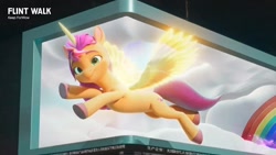 Size: 1280x720 | Tagged: safe, sunny starscout, alicorn, pony, g5, my little pony: a new generation, official, 3d, billboard, china, chinese, female, flying, looking at you, mare, multicolored hair, promo, promotion, race swap, rainbow, rainbow hair, shiny, smiling, smiling at you, solo, sunnycorn