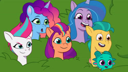 Size: 3072x1727 | Tagged: safe, screencap, hitch trailblazer, izzy moonbow, misty brightdawn, sparky sparkeroni, sunny starscout, zipp storm, dragon, earth pony, pegasus, pony, unicorn, g5, jazz hearts rocky, my little pony: tell your tale, spoiler:g5, spoiler:my little pony: tell your tale, spoiler:tyts02e04, :o, baby, baby dragon, eyebrows, female, male, mane stripe sunny, mare, open mouth, open smile, papa hitch, raised eyebrow, rebirth misty, smiling, smirk, stallion