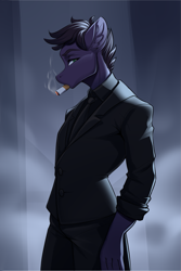 Size: 1105x1655 | Tagged: safe, artist:kittytitikitty, oc, oc only, oc:rene owen, anthro, anthro oc, cigarette, clothes, ear fluff, smoking, solo, suit