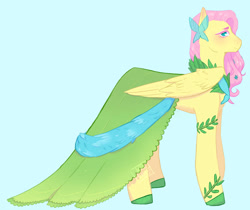 Size: 976x819 | Tagged: safe, artist:tealflight, fluttershy, g4, blue background, clothes, cyan background, dress, gala dress, simple background, solo