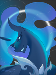 Size: 2048x2732 | Tagged: safe, artist:anekomori, nightmare moon, princess luna, alicorn, pony, g4, blue eyes, blue mane, blushing, bust, crown, curved horn, cute, digital art, ethereal mane, eyelashes, eyeshadow, fangs, feather, female, flowing mane, glowing, glowing horn, gray background, happy, high res, hoof shoes, horn, jewelry, lidded eyes, looking at you, makeup, mare, moon, peytral, portrait, raised hooves, regalia, signature, simple background, smiling, smiling at you, solo, sparkles, spread wings, starry mane, stars, teeth, wings