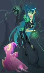 Size: 1229x2048 | Tagged: safe, artist:lizkaintrash, princess cadance, queen chrysalis, human, g4, clothes, duo, duo female, fangs, female, gloves, humanized, looking down, magic, pants, shoes, smiling