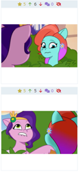 Size: 240x524 | Tagged: safe, edit, edited screencap, screencap, jazz hooves, pipp petals, earth pony, pegasus, pony, derpibooru, g5, jazz hearts rocky, my little pony: tell your tale, spoiler:g5, spoiler:my little pony: tell your tale, spoiler:tyts02e04, duo, duo female, female, frown, juxtaposition, juxtaposition win, lip bite, mare, meme, meta